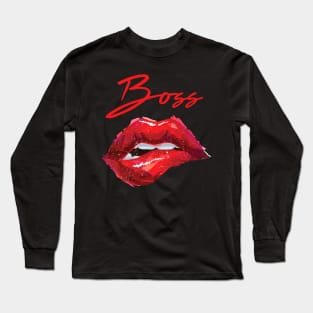 Sassy Boss T-shirt - Biting Lips - Bold Red Lipstick Long Sleeve T-Shirt